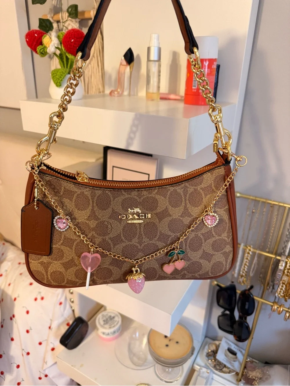 Coach Brown Shoulder Bag with Pink Charm included